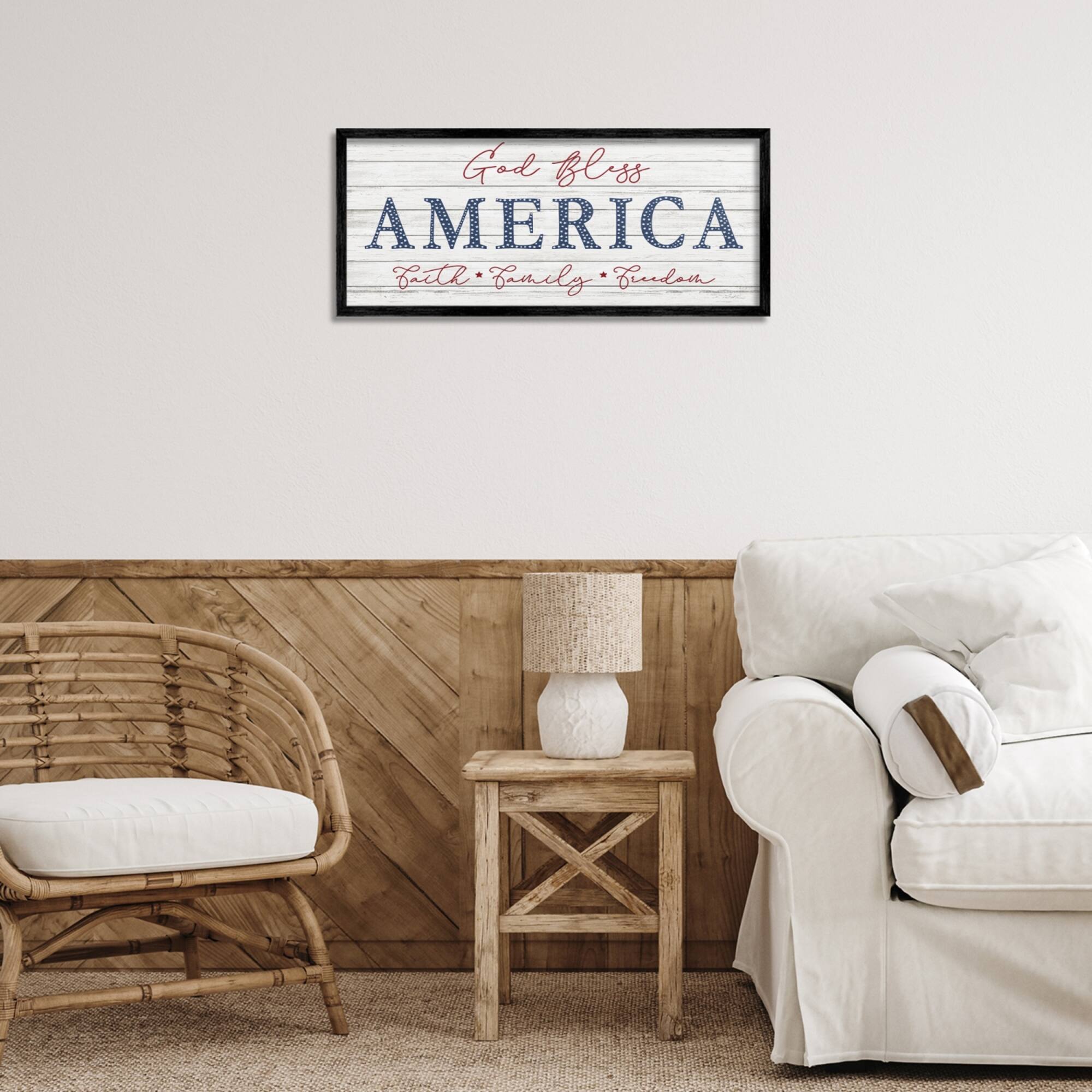 Stupell Industries God Bless America Faith Family Freedom Hanging Sign Framed Giclee Art